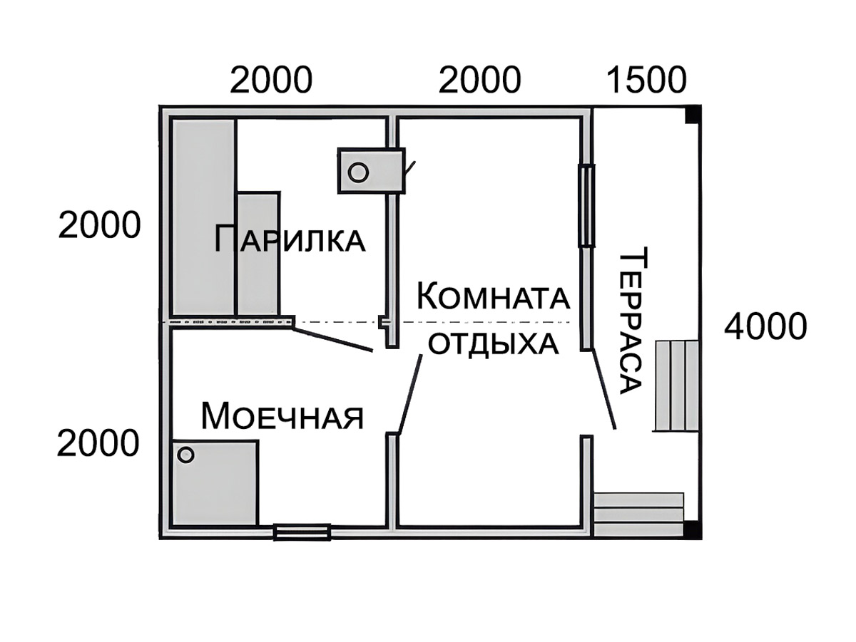 Баня 4х4 из бруса 150х150 с террасой 1.5х5 - планировка