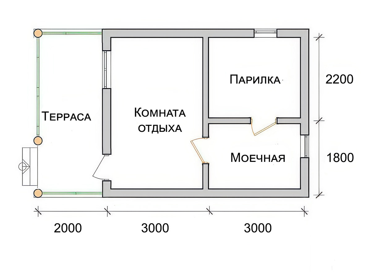 Баня 4х6 из бруса 150х150 + терраса 4x2 - планировка